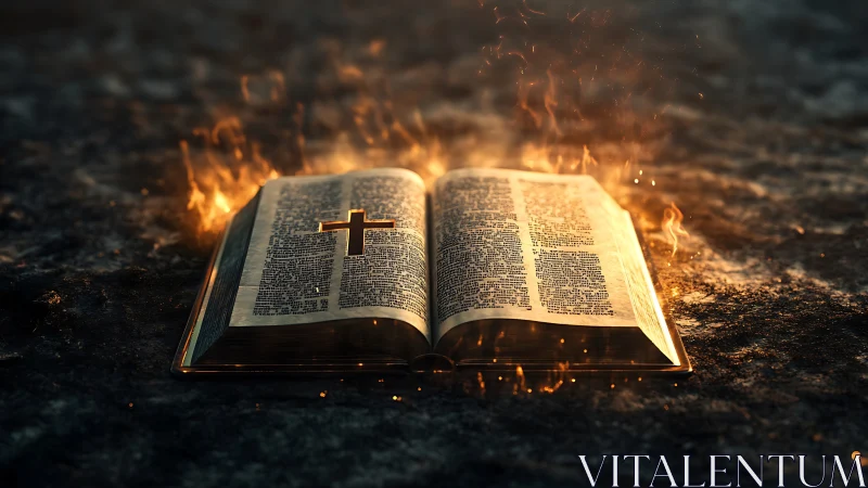 Illuminated open Bible on scorched ground with rising flames