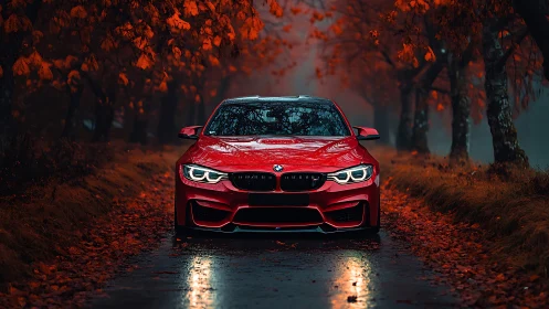 Red BMW sedan on wet autumn road under orange foliage.