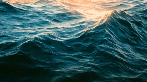 Golden light skims teal ocean waves in abstract motion
