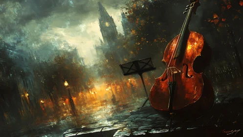 Nocturnal cello reverberation in rain-soaked urban plaza.