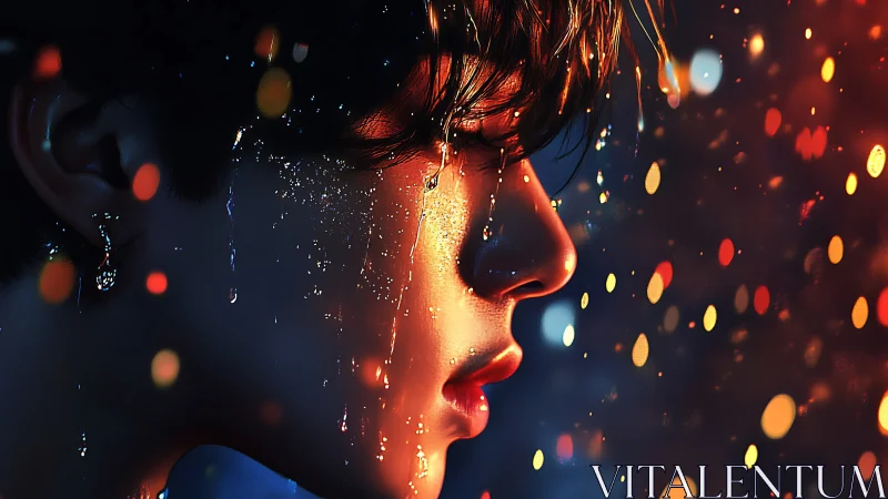 Side profile portrait shows wet face in colorful bokeh light