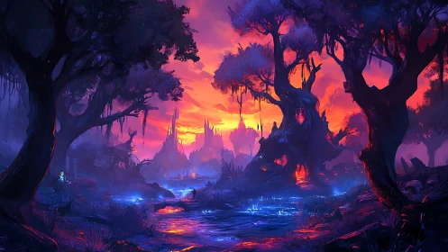 Neon-Lit Mystical Forest at Dusk: Digital Fantasy Landscape.