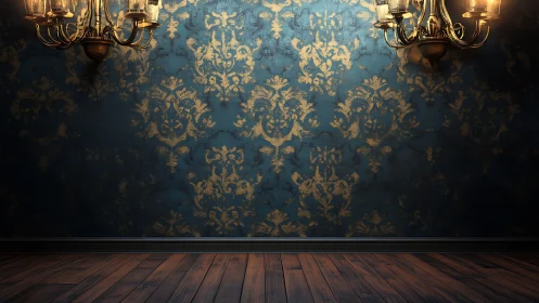 Ornate chandeliers over teal damask wall and wood floor.