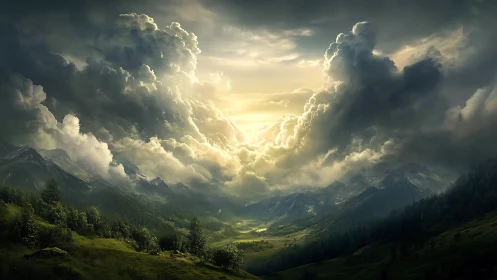 Mountain valley landscape shows dramatic cloud formations at dusk