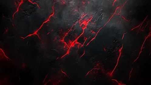 Cracked volcanic surface glows with deep molten red veins