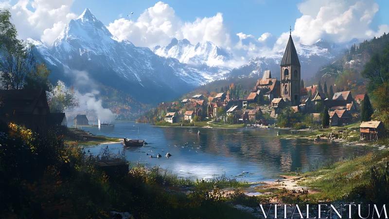 Mountain lake village under crisp autumn light panorama.