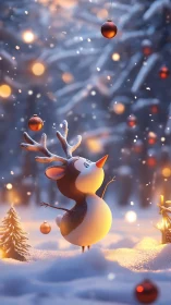 Snowy woodland reindeer gazing at glowing ornaments.