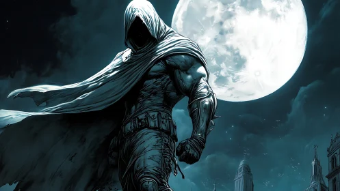 Hooded vigilante in moonlit cityscape, dynamic cloak billowing.