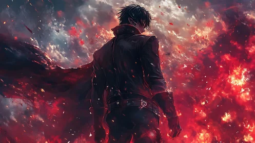 Lone firelit wanderer poised between smoke, sparks, storm.