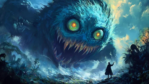 Colossal neon-eyed beast confronting lone cloaked wanderer.
