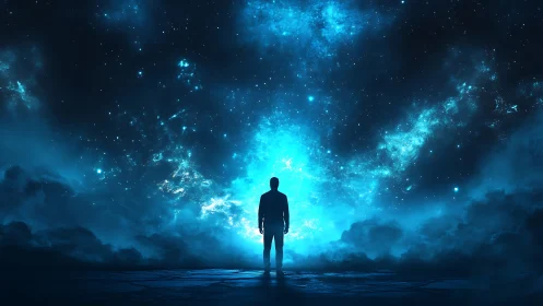 Silhouetted figure faces luminous galactic portal in deep space
