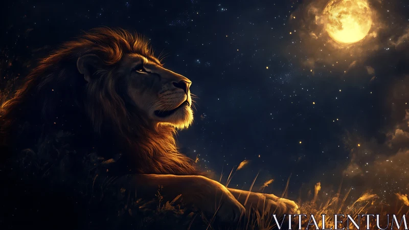 Moonlit lion dreaming beneath a quiet, star-dusted sky.