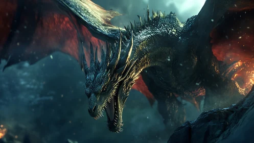 Cinematic fantasy dragon in dynamic airborne attack pose.