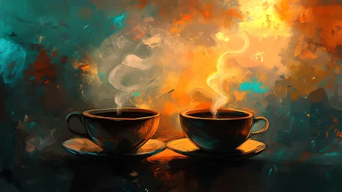 Twin coffee cups glow in a swirling aurora of warm steam.