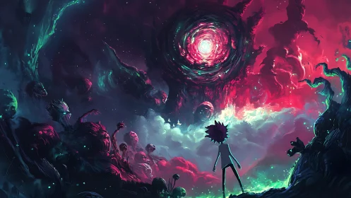 Cosmic rift awakens above a lone wanderer of nightmares.