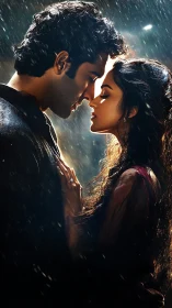 Cinematic rain-kissed romance between two figures in dramatic backlight.