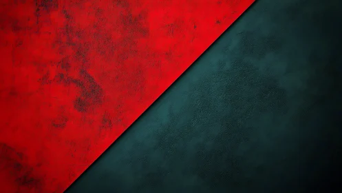 Diagonal division separates textured red and dark teal fields