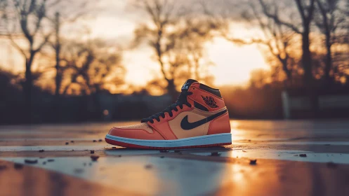 Orange basketball sneaker stands on wet court at sunset