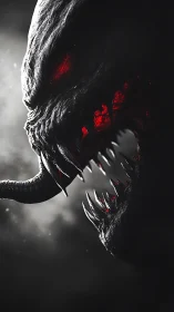 Demonic alien creature with red eyes, tongue, and fanged maw.