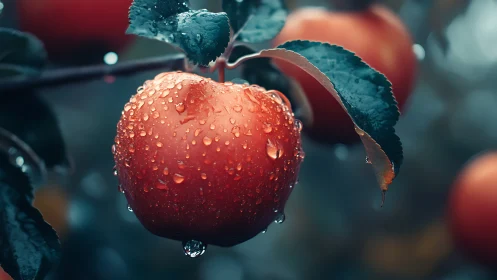Rain-kissed red apple in moody orchard close-up view.