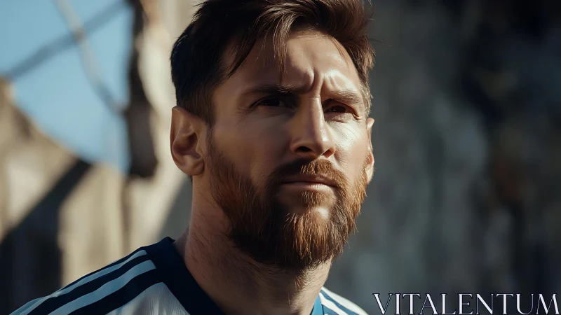 Bearded football player gazes upward under warm sunlight