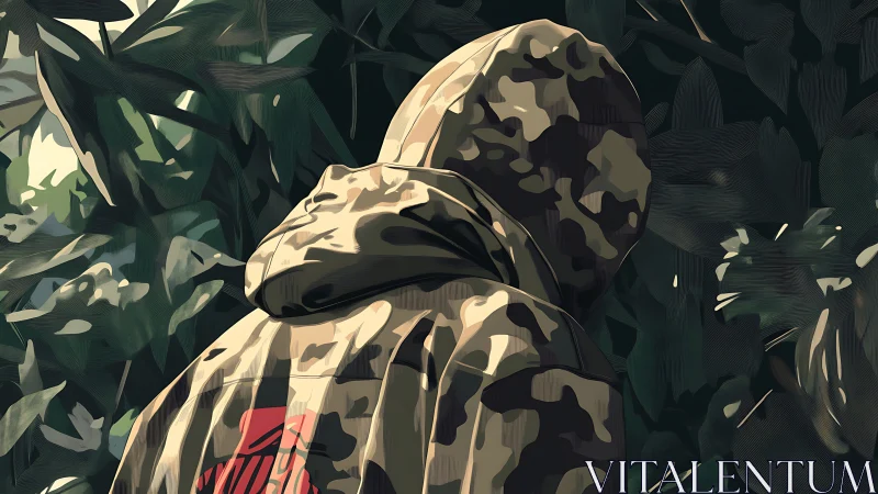Person in camo hoodie stands in dense stylized foliage