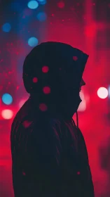 Hooded silhouette under neon city lights at night.