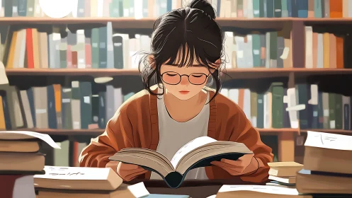 Bookish daydreamer under warm library lamplight studying quietly.