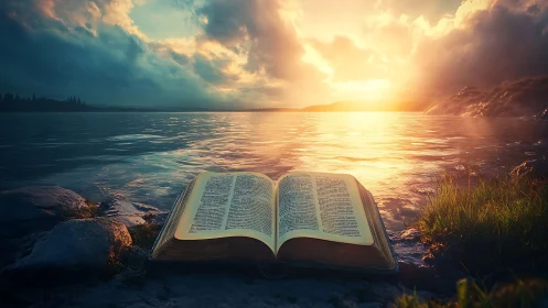 Sunlit storybook rests by a glowing, dreamlit shoreline.