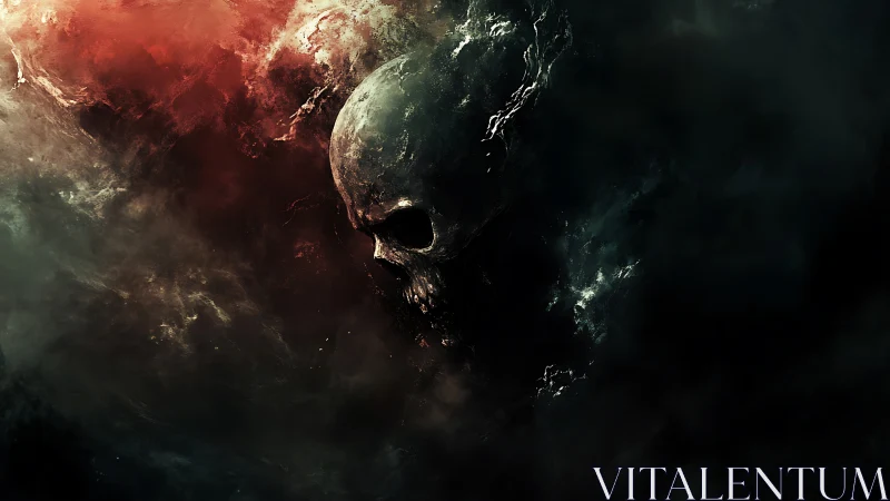 Skull-shaped nebular form emerges from turbulent red-black cosmic cloud