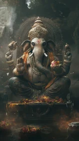 Intricate Ganesha idol rendered with cinematic volumetric lighting
