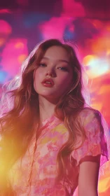 Woman with Wavy Hair in Neon Pink and Orange Lighting