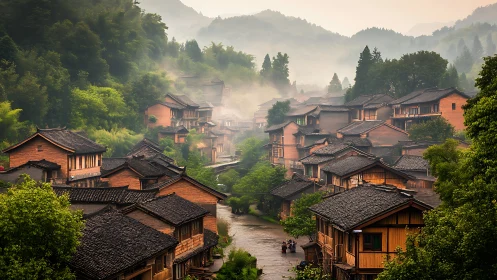 Misty mountain village wakes in cedar and jade-toned hush.