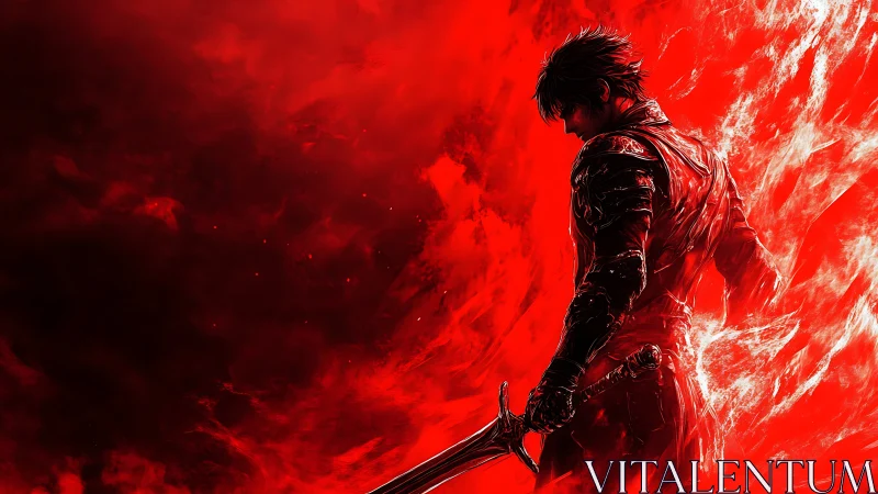 Armored swordsman stands before dense red abstract backdrop