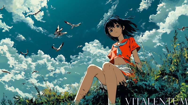 Girl in red sailor outfit under expansive sky.