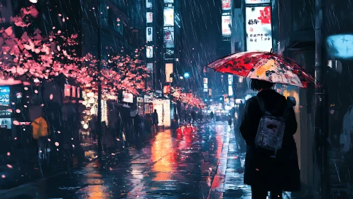 Midnight neon rainwalk under cherry blossom echoes.