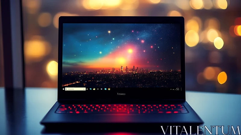 Laptop screen displays neon skyline under cosmic night sky