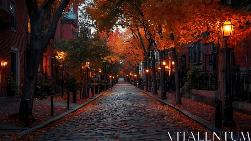 Autumn street glows under lamplight along cobblestone lane.