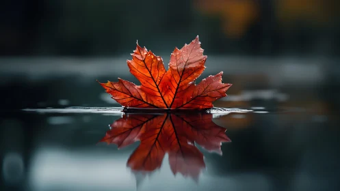 Macro study of red maple leaf with specular water reflection