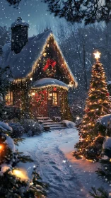 Snow-covered cabin displays warm festive lighting and detailed decor