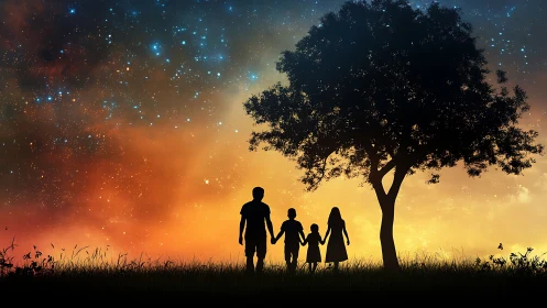 Silhouetted family under cosmic gradient sky composition.