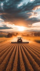 Harvest tractor cuts golden wheat at blazing sunset