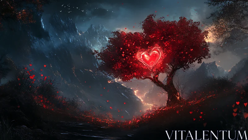 Luminous Heart Symbol in Mountainous Landscape.