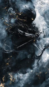 Stormforged shadow warrior rises within swirling darkness