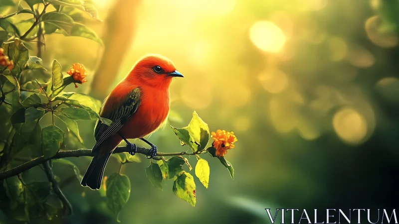 Bright red songbird perched on flowering branch, dreamy soft light.