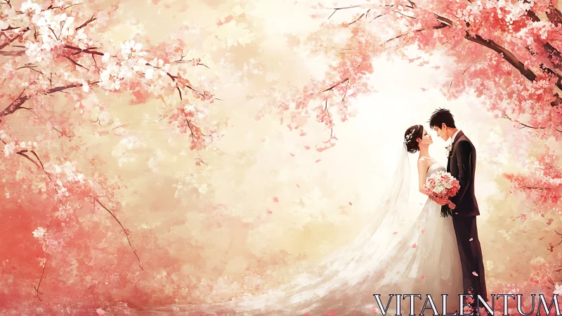 Bride and groom under soft pink cherry blossom canopy.