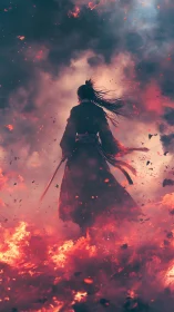 Samurai silhouette standing amid dense rising flames and smoke.