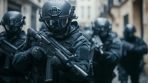 Heavily armed tactical unit advances through urban streets