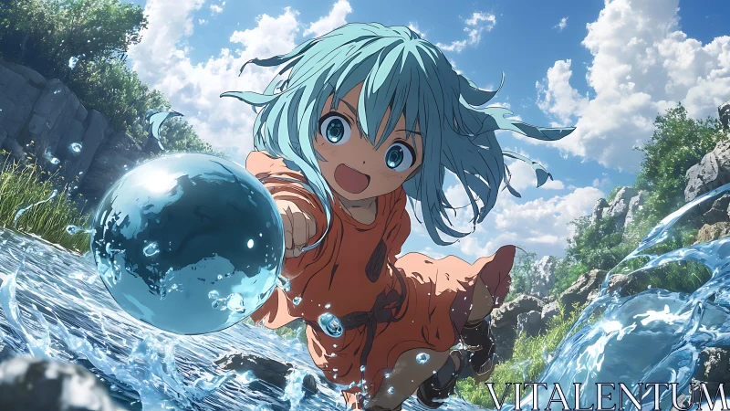 Anime child reaches toward reflective water sphere in stream
