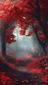 Crimson Canopy Forest Avenue with Atmospheric Volumetric Mist and Saturated Foliage